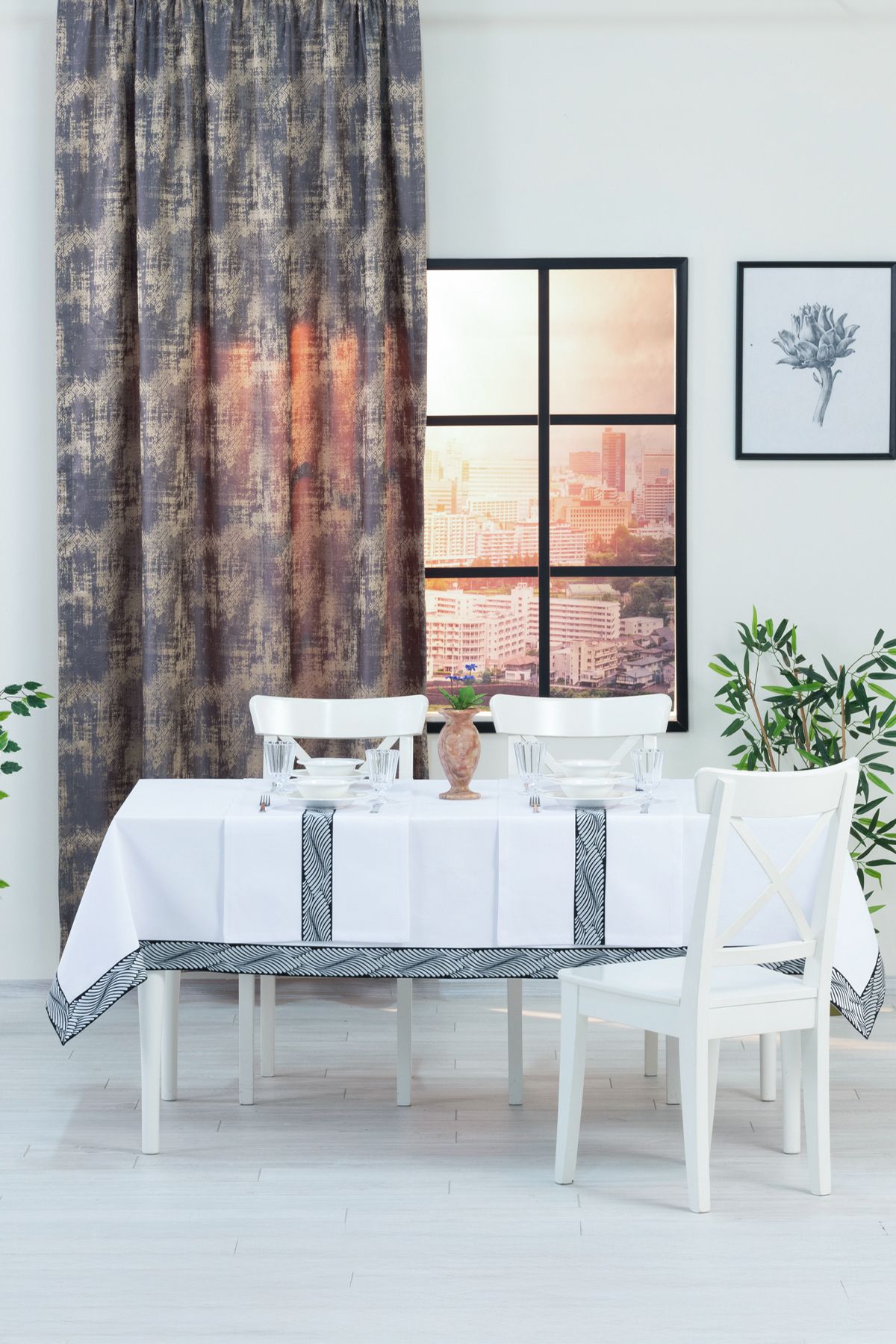 Tropikhome Alba Jakar Damla Desen Runnerlı Set Leke Tutmaz 160x260 Cm Lüks Masa Örtüsü 2 Runnerlı Set Beyaz