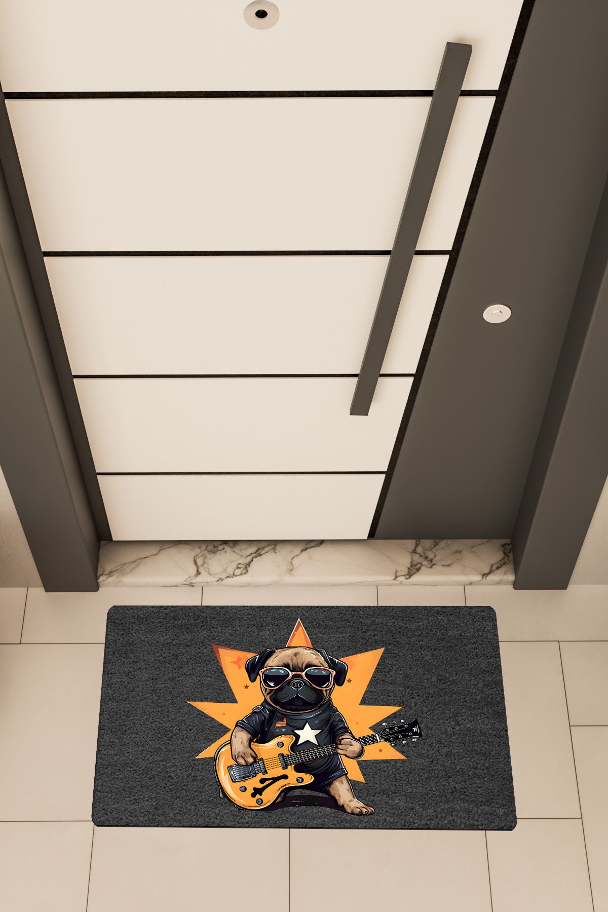 Dormot Home Yüksek Kaliteli Dijital Baskı Siyah, Rockstar Pug, temalı Kapı Önü Paspası