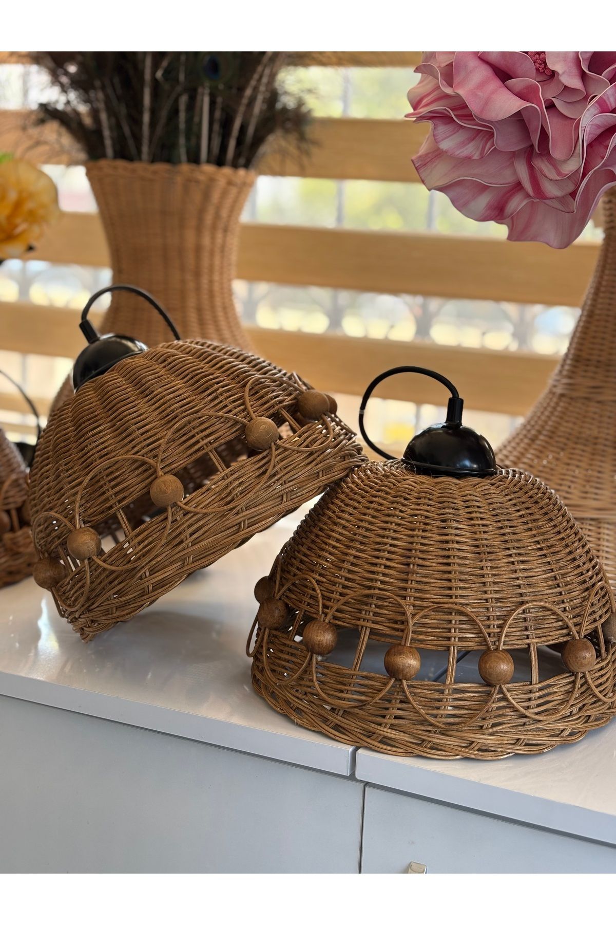 DENİZ TASARIM El Yapımı Rattan Avize - Doğal Hasır Sarkıt Lamba (Modern Bohem Tarz)