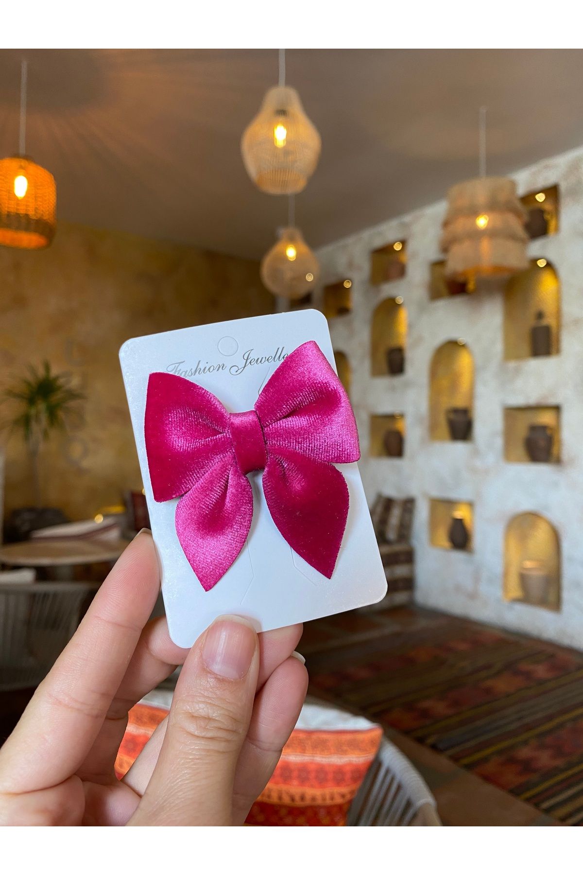 Little Sparkle Co. Fuşya Pembe Kadife Fiyonk Toka Klipsli (1 Adet)