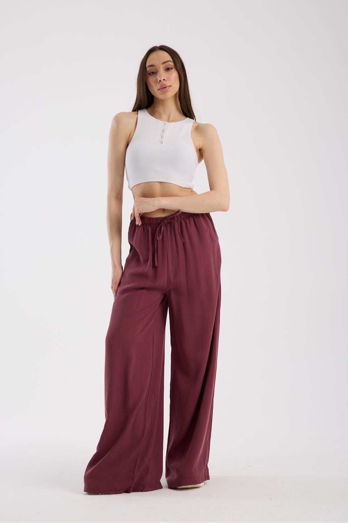 Store %100 Pamuk Yazlık Yüksek Bel Geniş Paça Pantolon – Rahat Ve Şık İpek Görünümlü