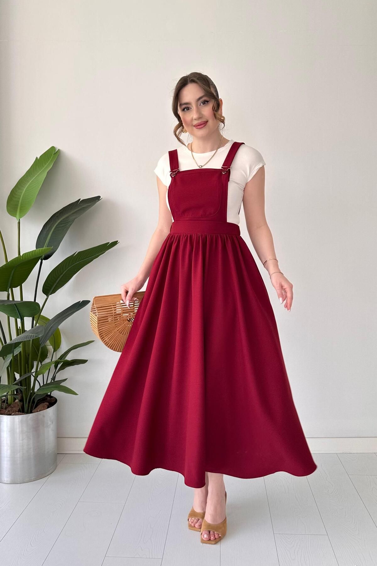 MaziButik Kloş Salopet Elbise Bordo