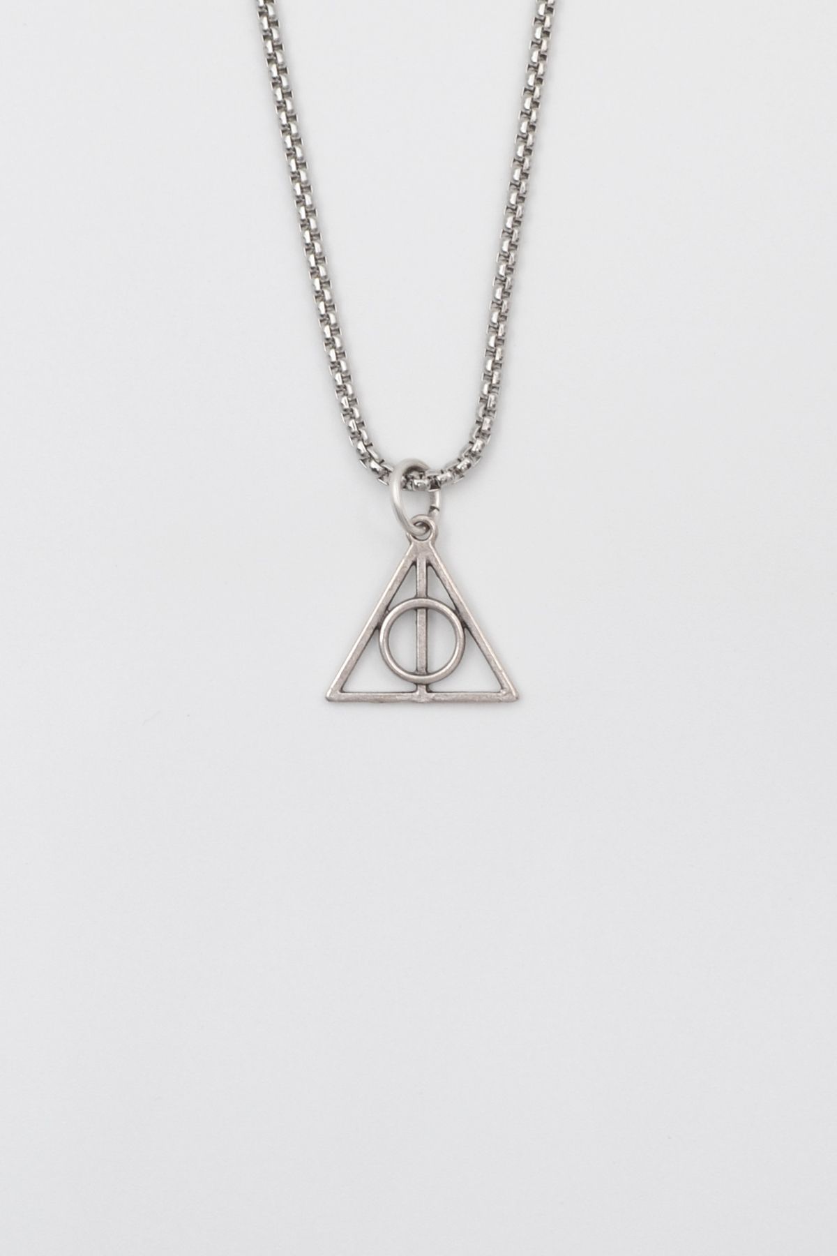 Bu Farklı Minimal Harry Potter Ölüm Yadigarları Örme Zincir Kolye - Antik Gümüş Kaplama - Kadın Erkek - 60 cm