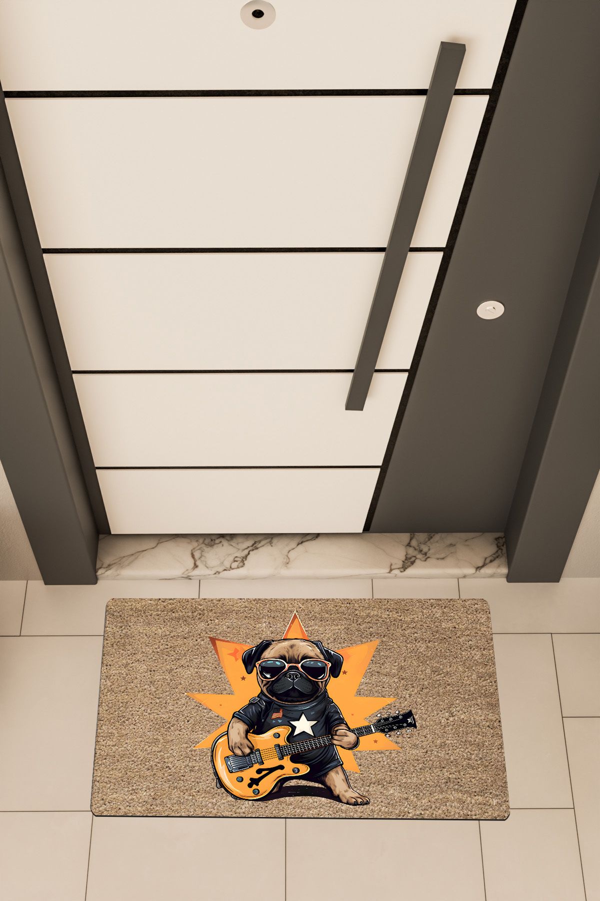 Dormot Home Yüksek Kaliteli Dijital Baskı Kahverengi, Rockstar Pug, temalı Kapı Önü Paspası