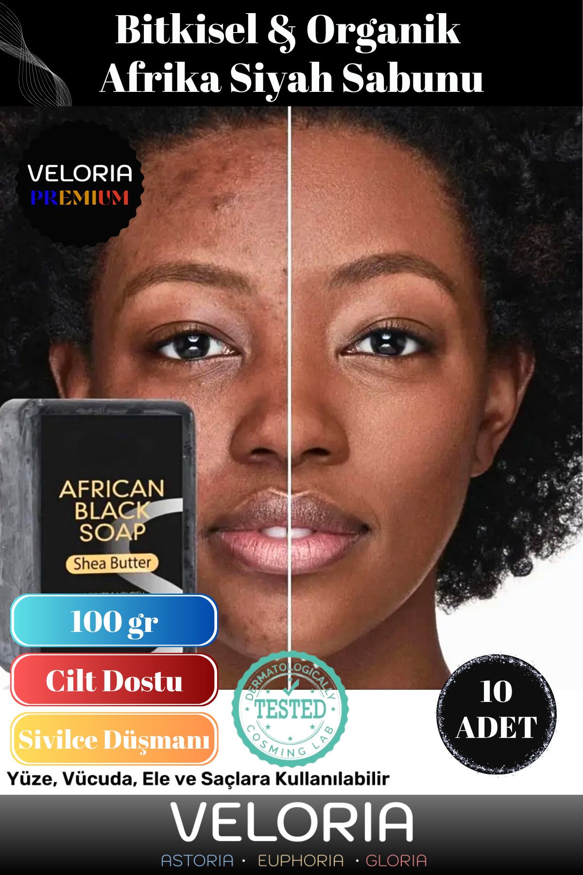 Veloria Premium Seri %100 Doğal Organik Yüz Saç Vücut Cilt Dengeleyici Kolajen Etkili Afrika Sabunu 10 Adet