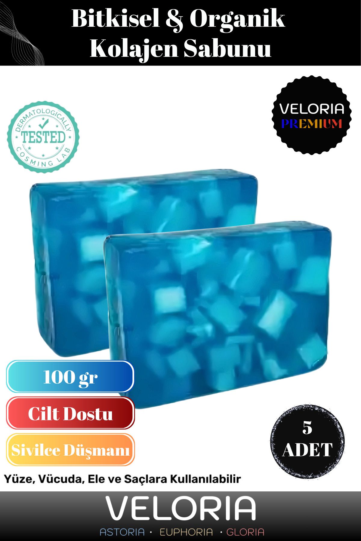 Veloria Premium Seri %100 Doğal Organik Yüz Saç Vücut Cilt Dengeleyici Güzel Kokulu Kolajen Sabunu 5 Adet