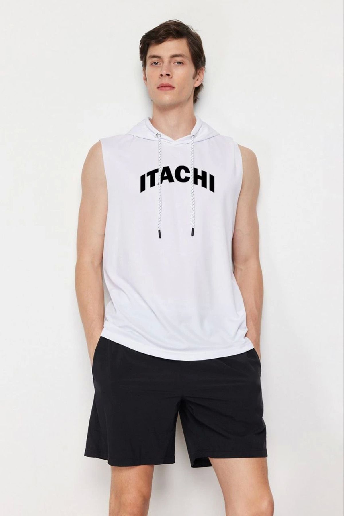 fashok Unisex Kapşonlu Kolsuz Baskılı Oversize T-shirt - Beyaz