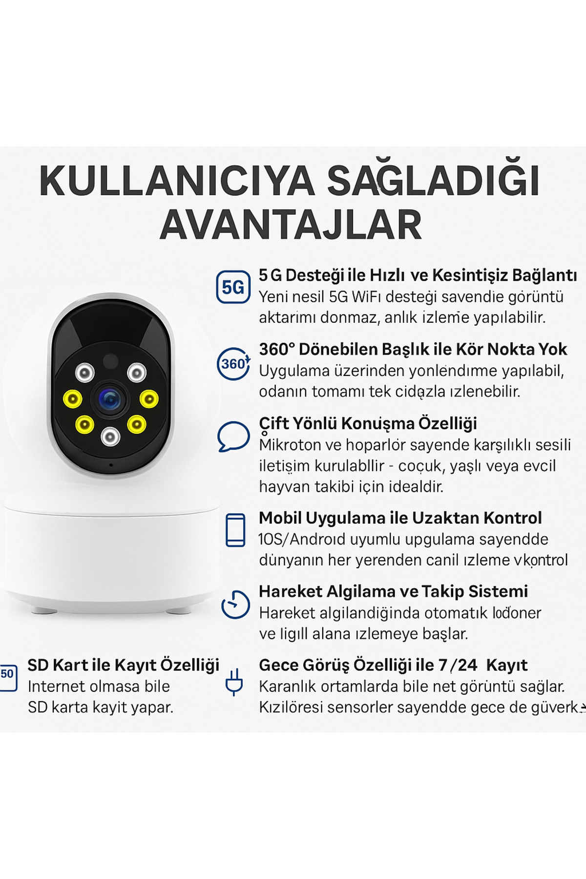 BLUE İNTER 5G Destekli Akıllı Güvenlik Kamerası 360° Döner, Gece Görüşlü, Çift Yönlü Konuşma-CMR-23 fotoğrafı 2 (önizleme)