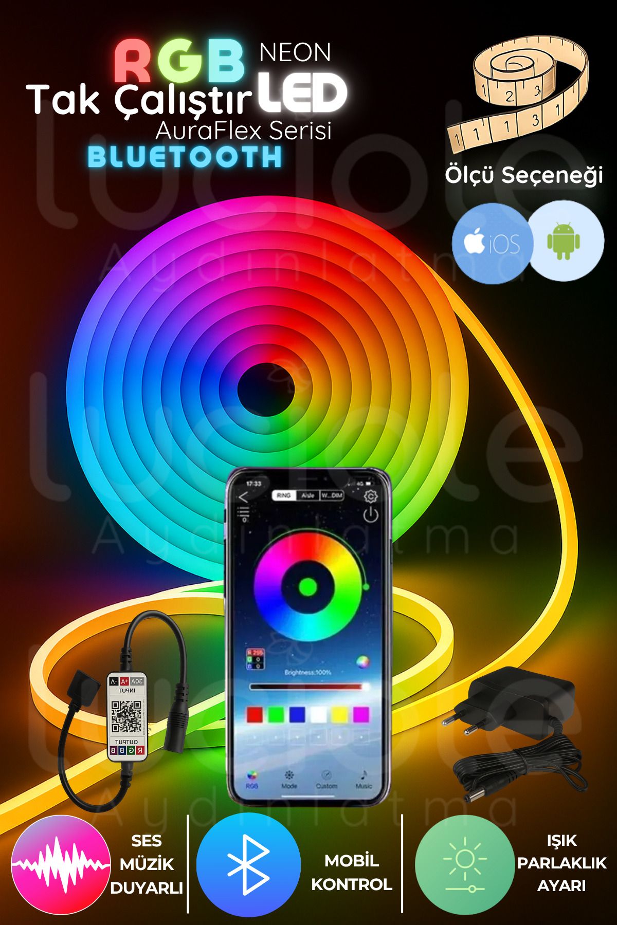 luciole 5 Metre RGB Neon LED Şerit | AuraFlex Serisi | Bluetooth Uygulamalı Akıllı Işık Sistemi