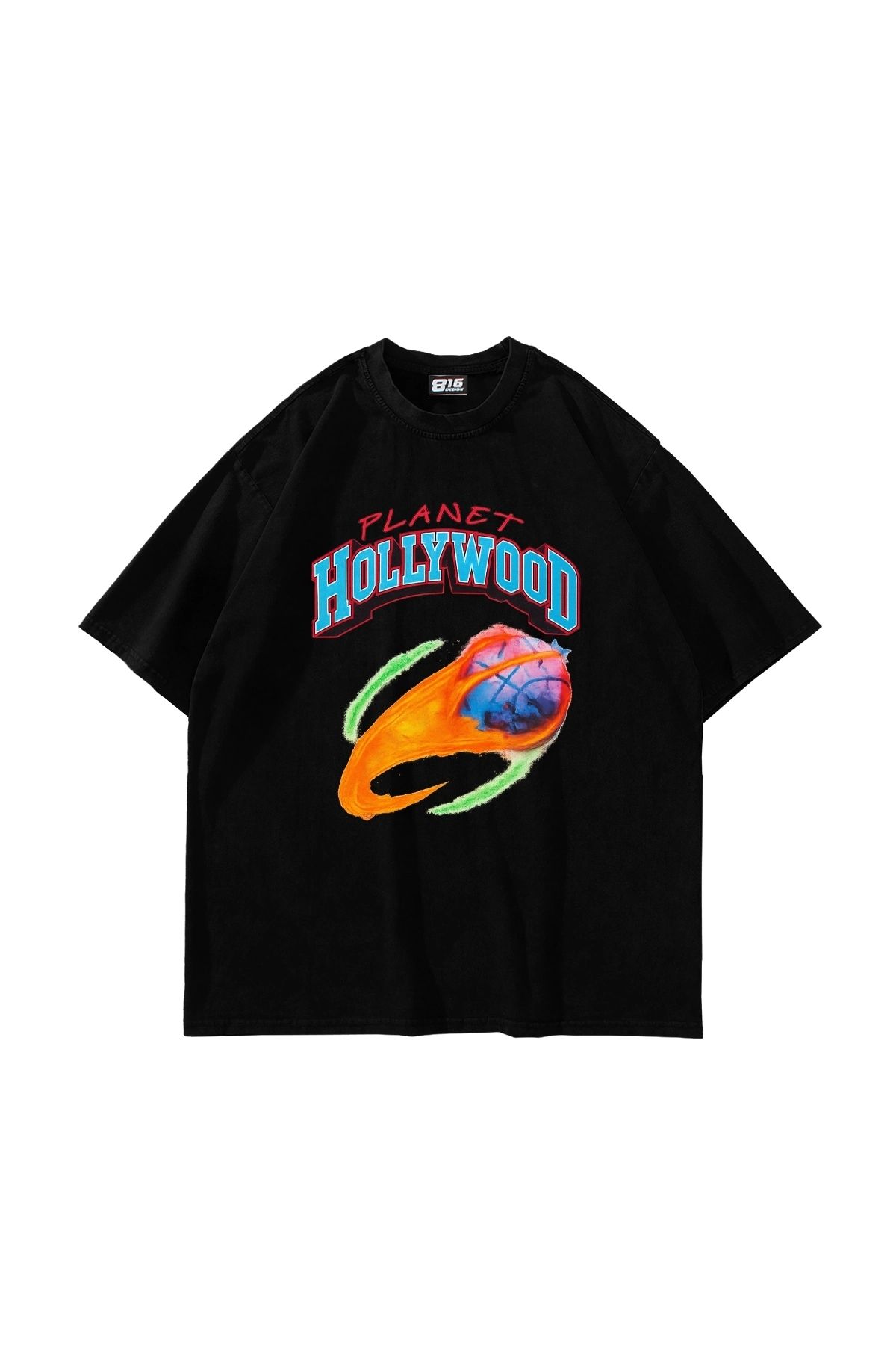 Sekizbiraltı Hollywood Planet Baskılı Oversize Unisex Siyah Tshirt