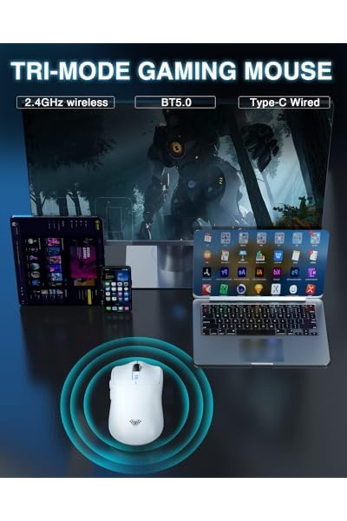 Aula-Wireless Gaming Mouse Sc580, 2.4 Ghz/usb-c/bluetooth, 12000 Dpi, 6 Programmable Buttons, White 6