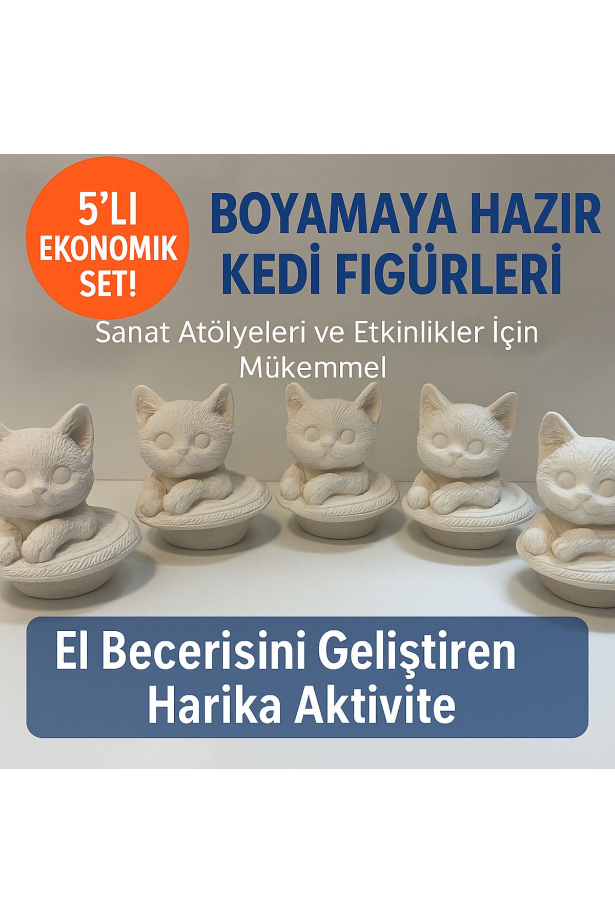 WeSank Boyanabilir Alçı Kedi Figürü 5’li Set – Ham Hobi Objeleri | Sanat & Etkinlik Malzemesi