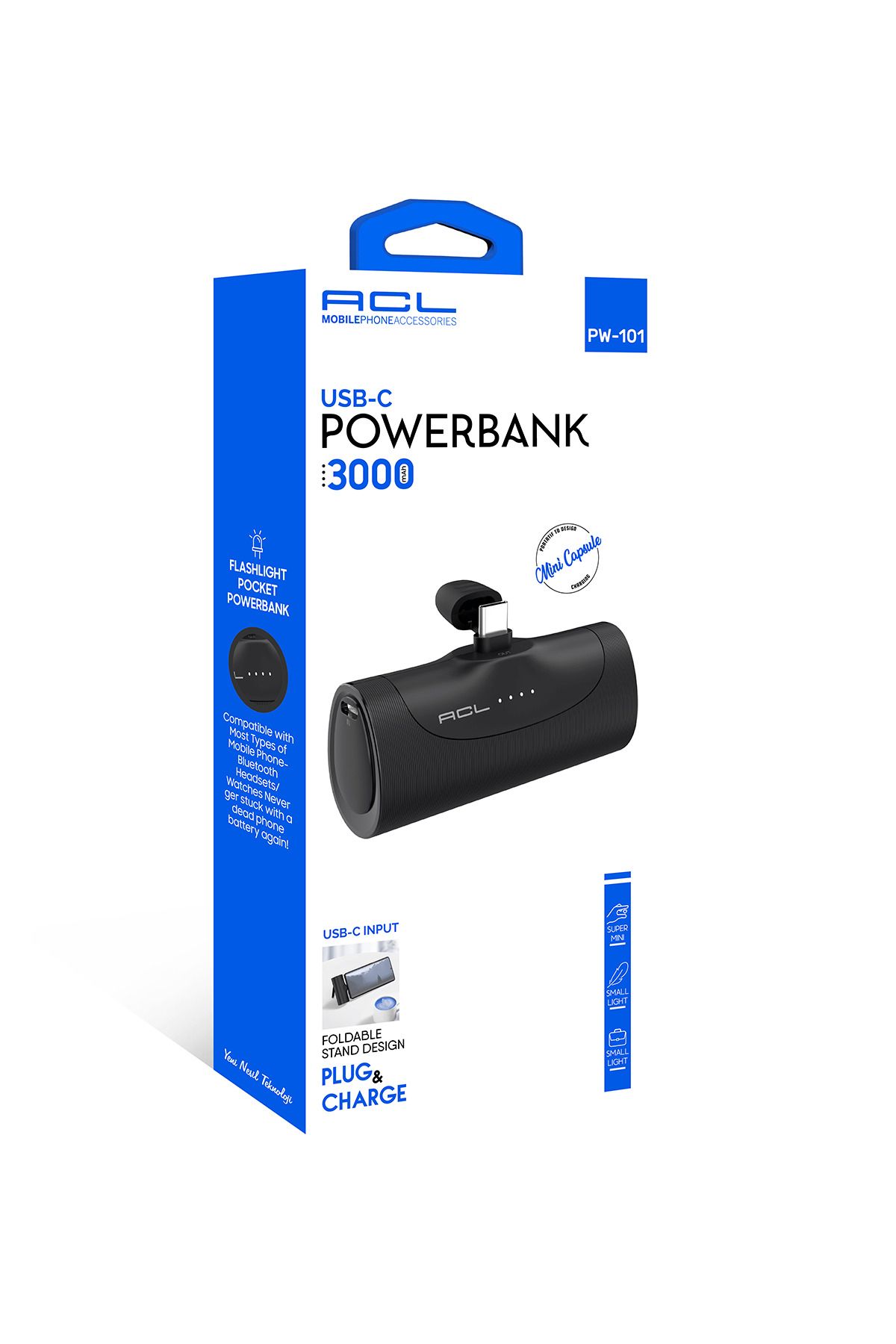 ACL PW-101 Mini Kapsül Powerbank 3000mAh Siyah | USB-C Giriş & Çıkış | LED Göstergeli | Telefon Stan