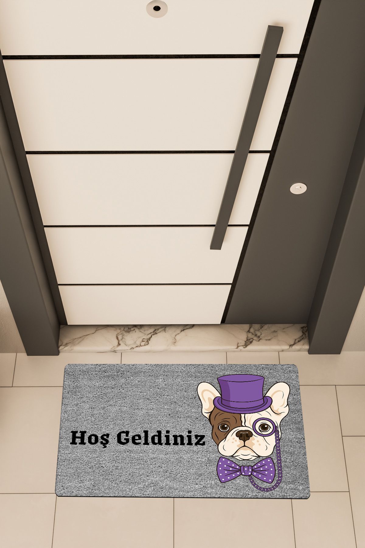 Dormot Home Yüksek Kaliteli Dijital Baskı Gri, Mor Renkli Entel Pug temalı Kapı Önü Paspası