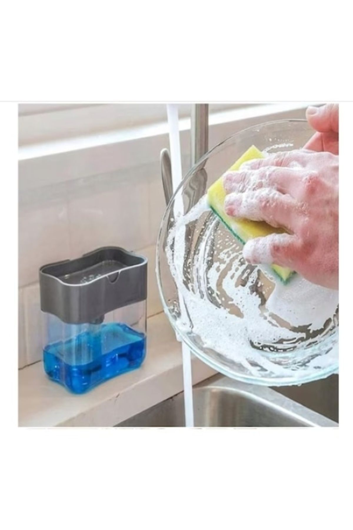FOXMAG24-Dozator detergent de vase cu suport pentru burete, 2 compartimente, plastic ABS, gri 3