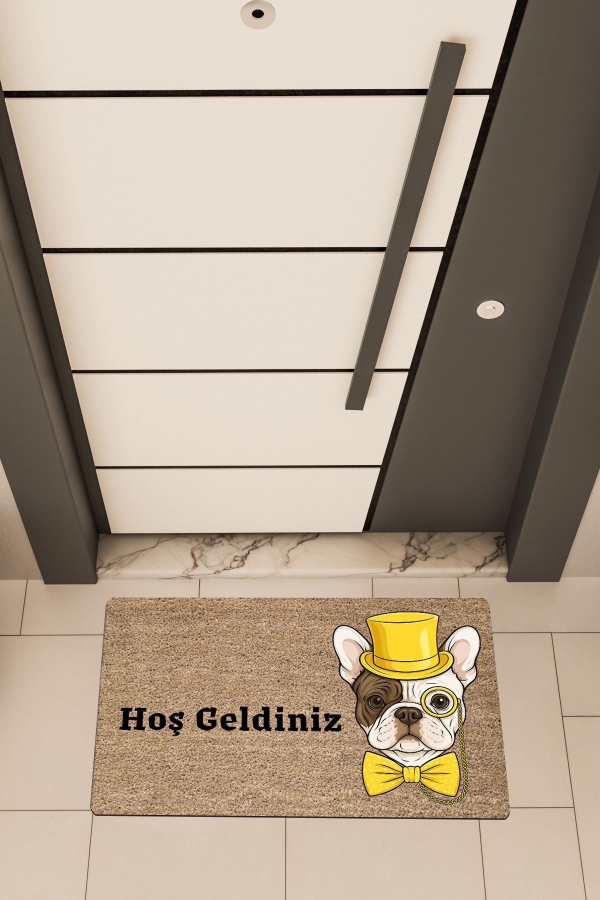 Dormot Home Yüksek Kaliteli Dijital Baskı Kahverengi, Sarı Renkli Entel Pug temalı Kapı Önü Paspası