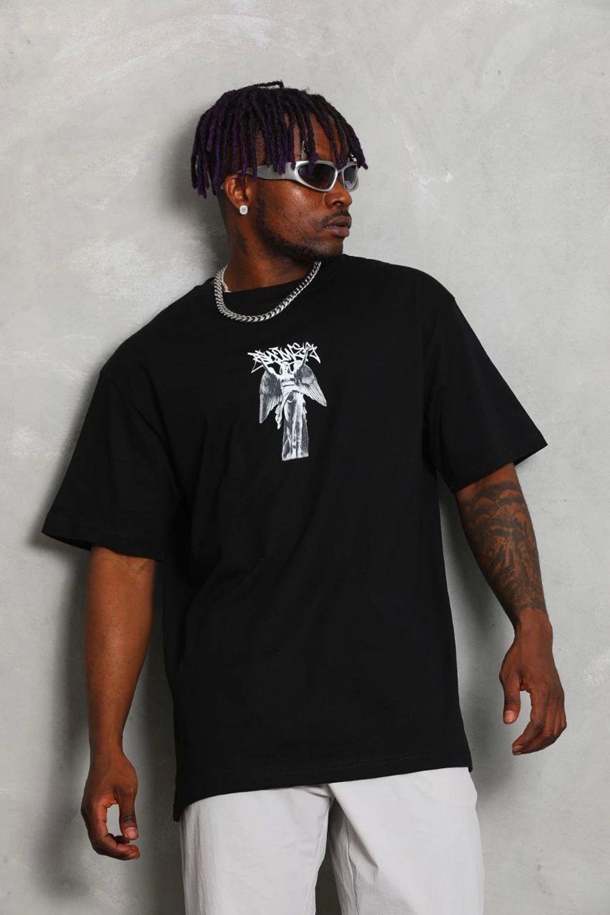 fashok Unisex Oversize Baskılı Bisiklet Yaka T-Shirt - Siyah
