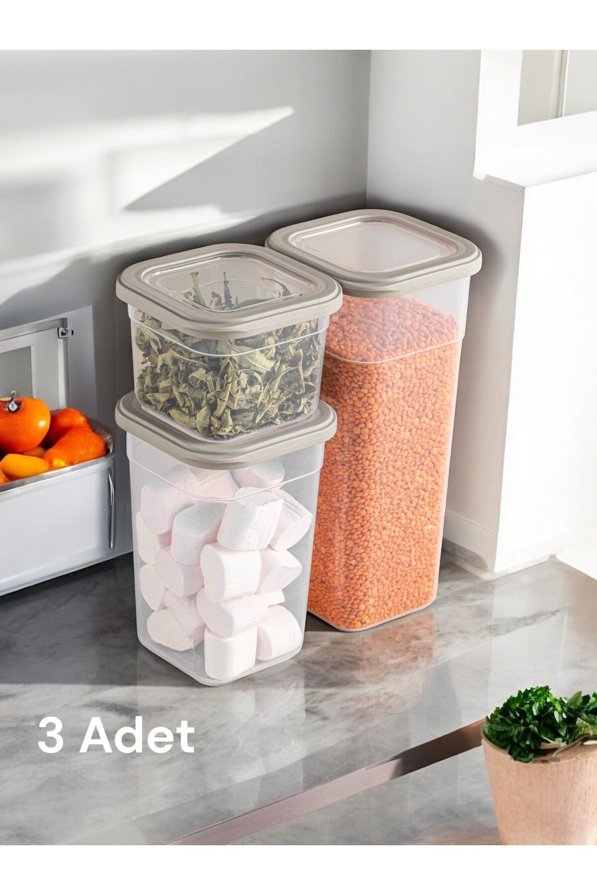 Nesto Home 3'lü Set Çok Amaçlı Kare Erzak ve Bakliyat Saklama Kabı Deterjan Kutusu 1x680 1x1250 1x1850 ml