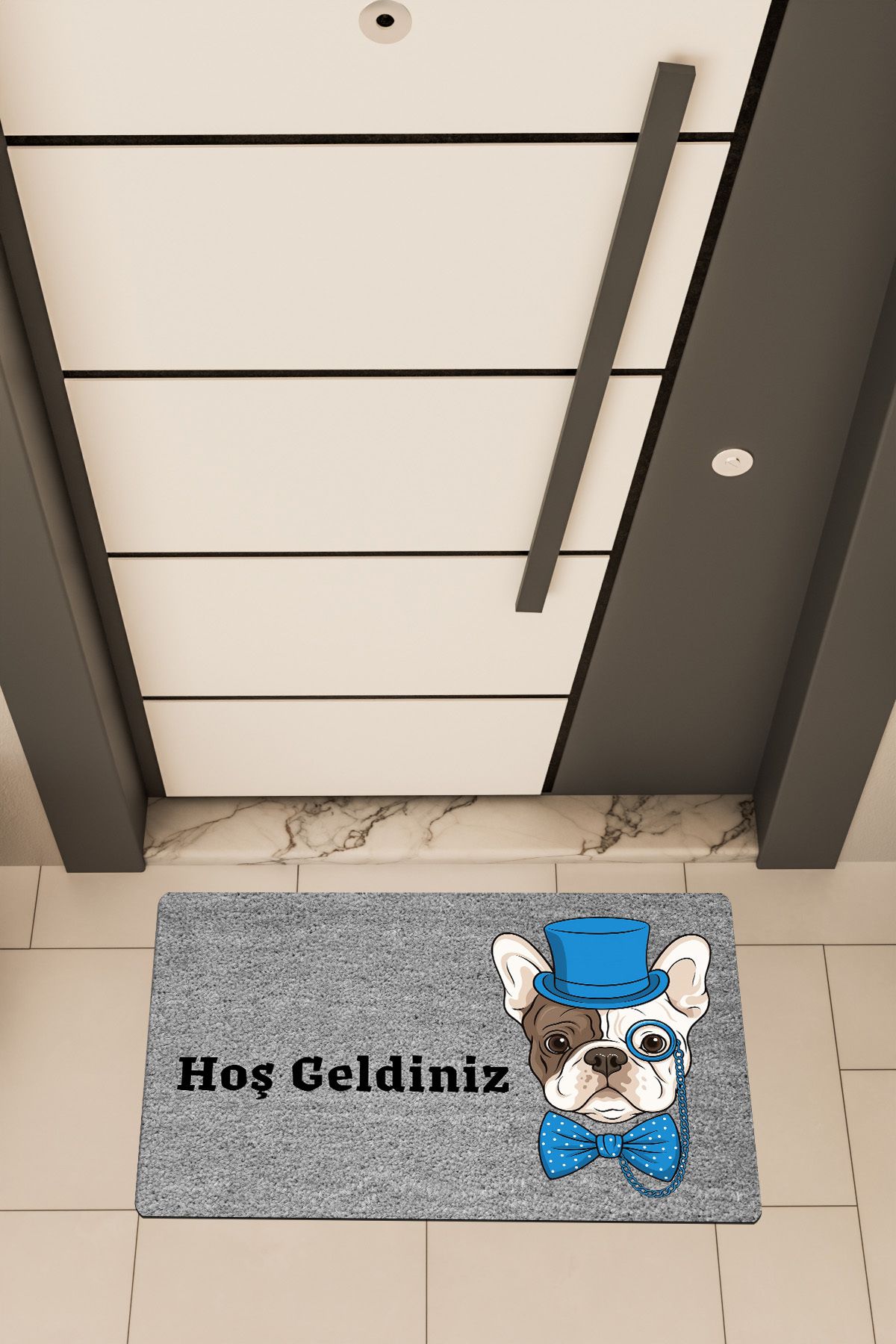 Dormot Home Yüksek Kaliteli Dijital Baskı Gri, Mavi Renkli Entel Pug temalı Kapı Önü Paspası