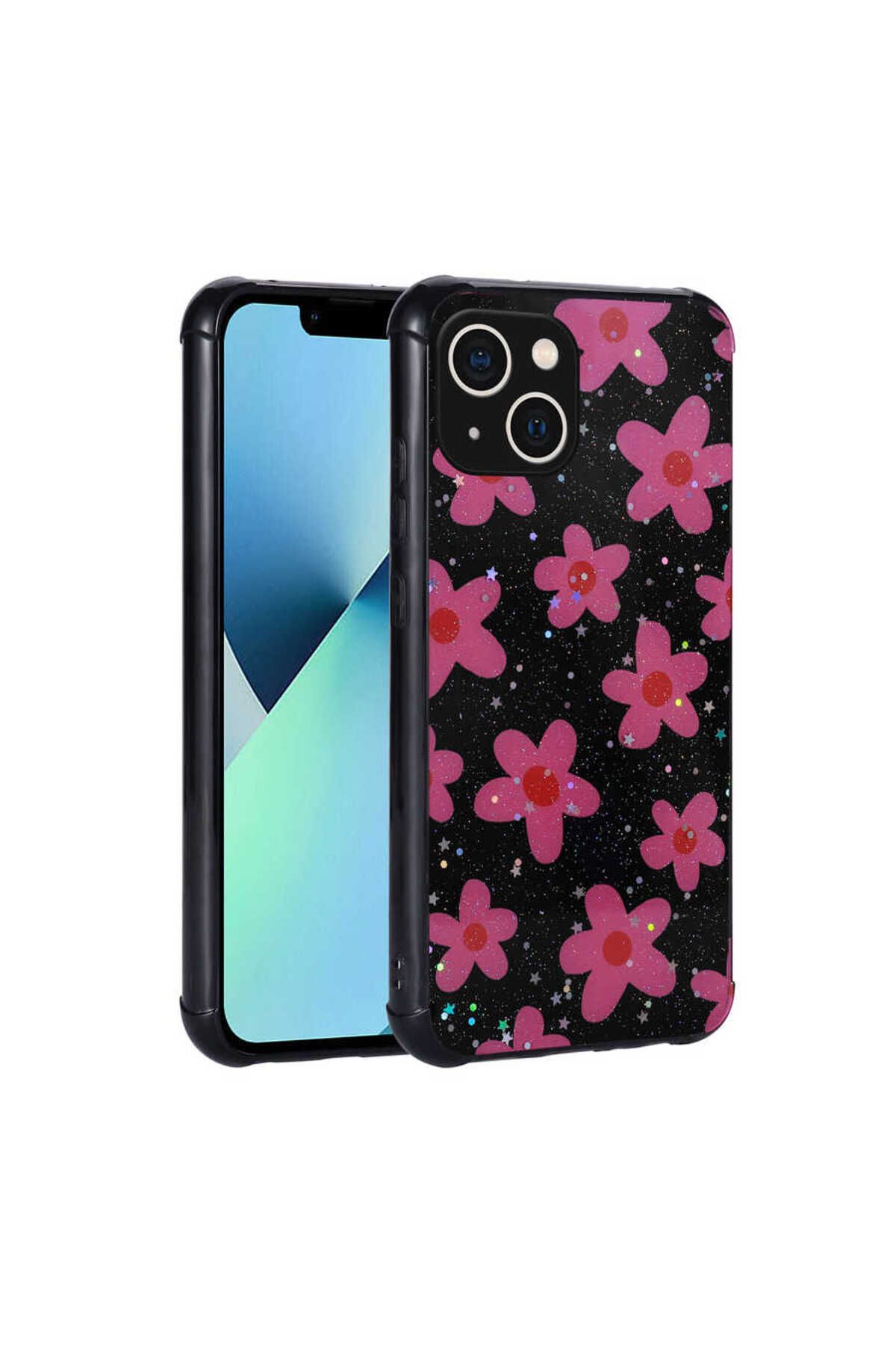 halkhouse Apple iPhone 13 Kılıf Simli Desenli Kamera Korumalı Parlak Silikon Popy Kapak