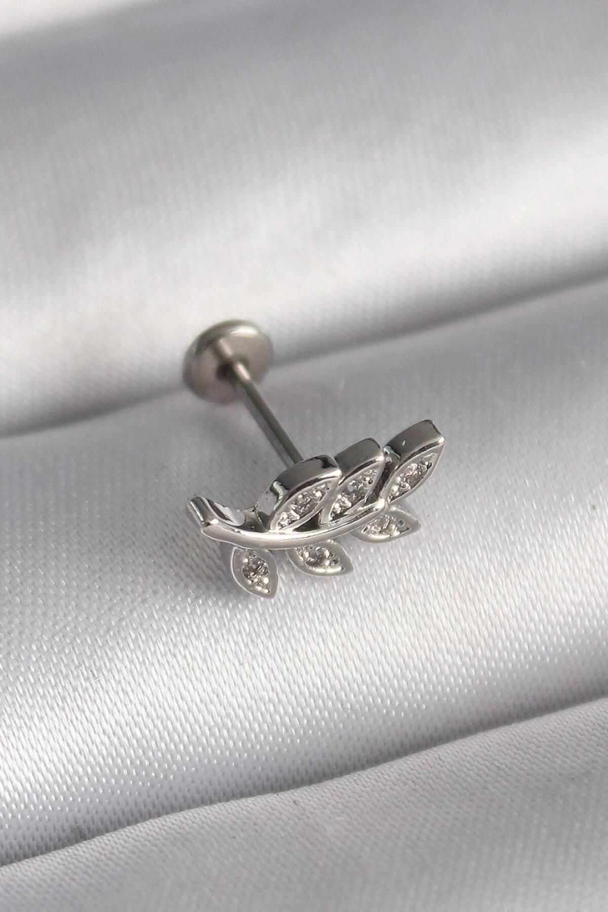 AfraBeauty 316L Çelik Gümüş Renk Dal Model Zirkon Taş Detaylı Tragus Piercing