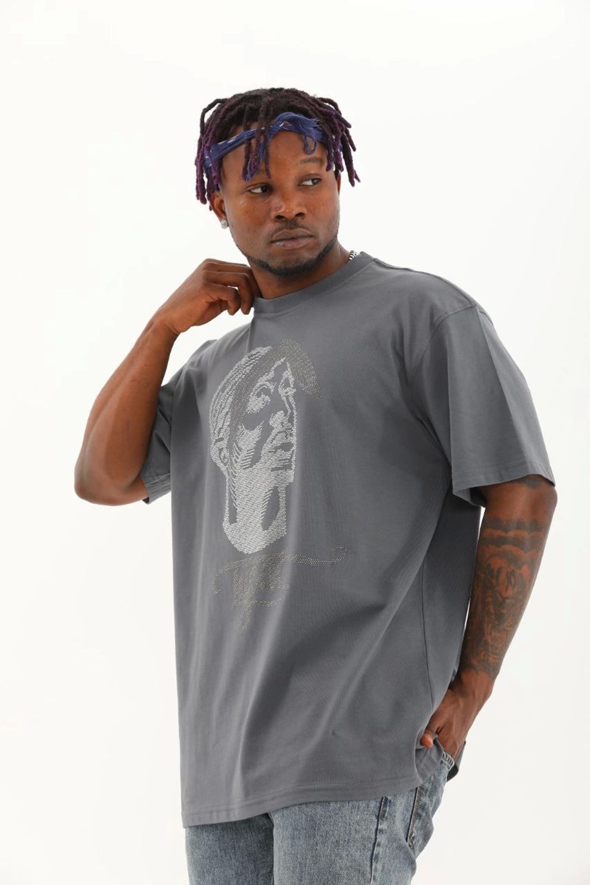 fashok Unisex Oversize Taşlı Bisiklet Yaka T-Shirt - Füme
