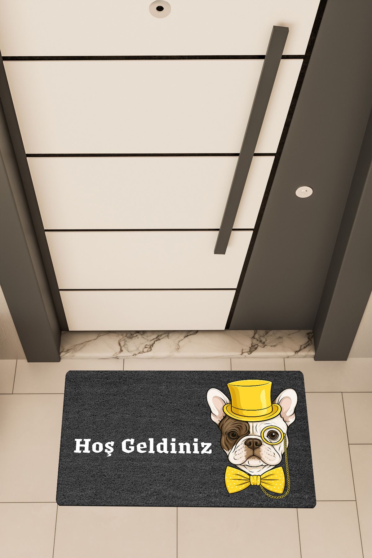 Dormot Home Yüksek Kaliteli Dijital Baskı Siyah, Sarı Renkli Entel Pug temalı Kapı Önü Paspası
