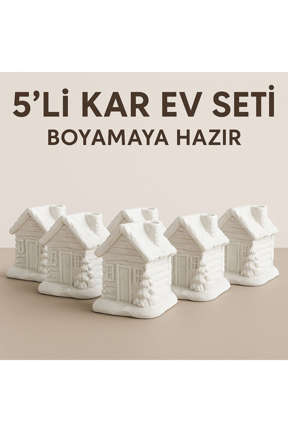 WeSank 5’li Kar Ev Temalı Boyanabilir Alçı Obje – El Yapımı Hobi & Dekoratif Set