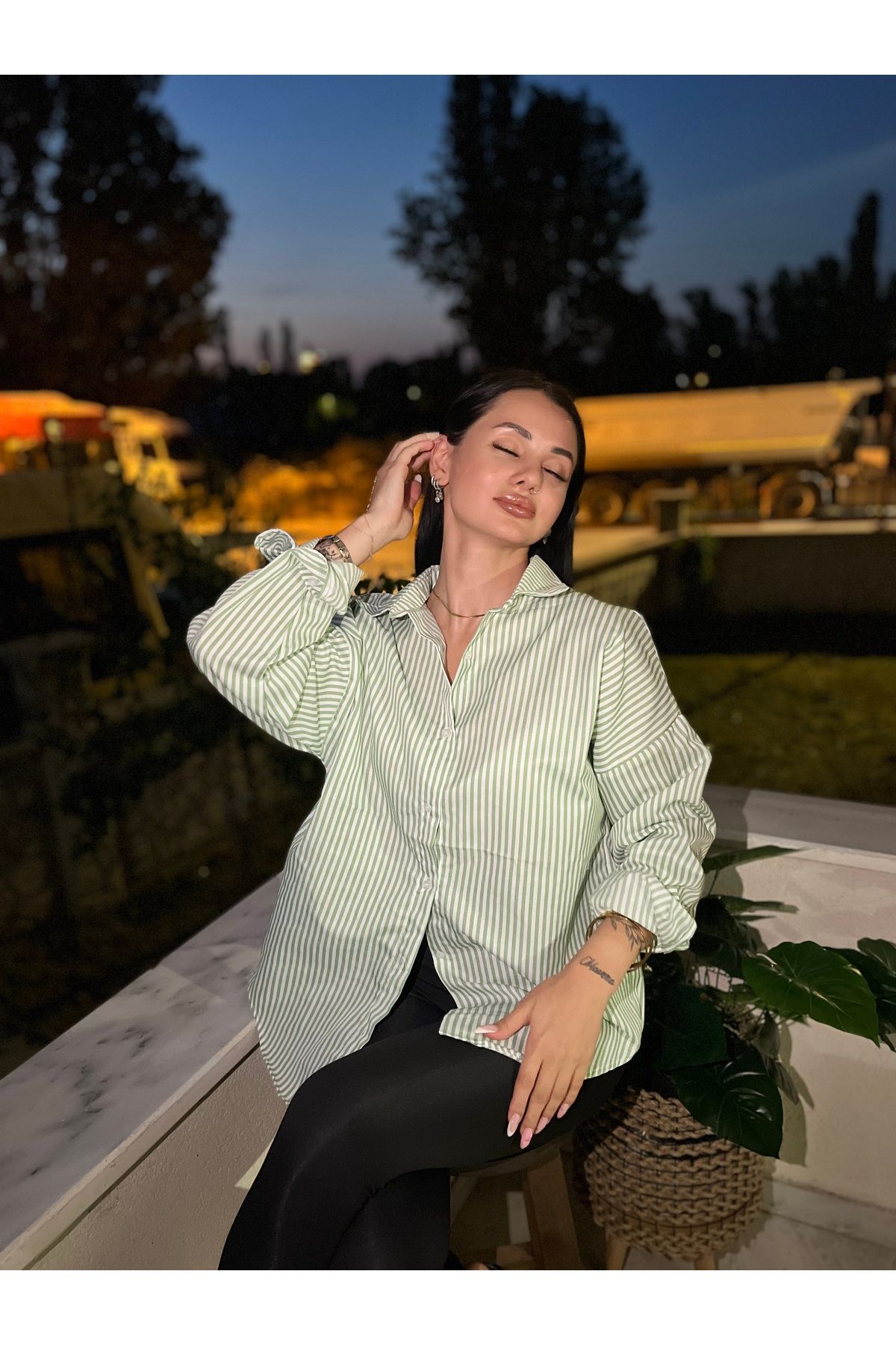 MODA Çizgili gömlek yeşil oversize gömlek bol gömlek