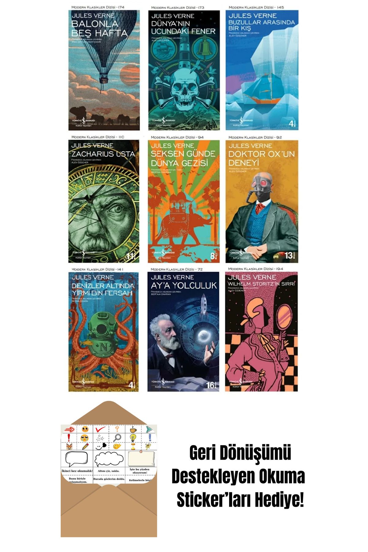 TÜRKİYE İŞ BANKASI KÜLTÜR YAYINLARI Jules Verne 9 Kitap Set + Okuma Sticker'ları