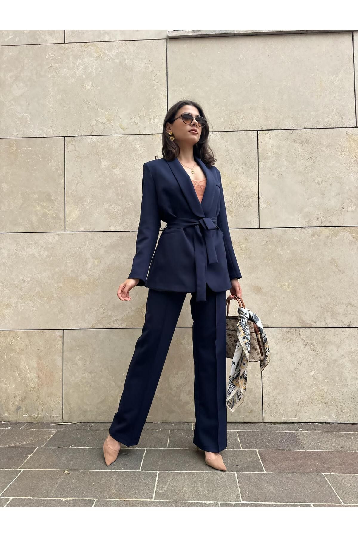 EFSUN MODA KADIN KUŞAKLI BLAZER CEKET PANTOLON TAKIM ASTARLİ
