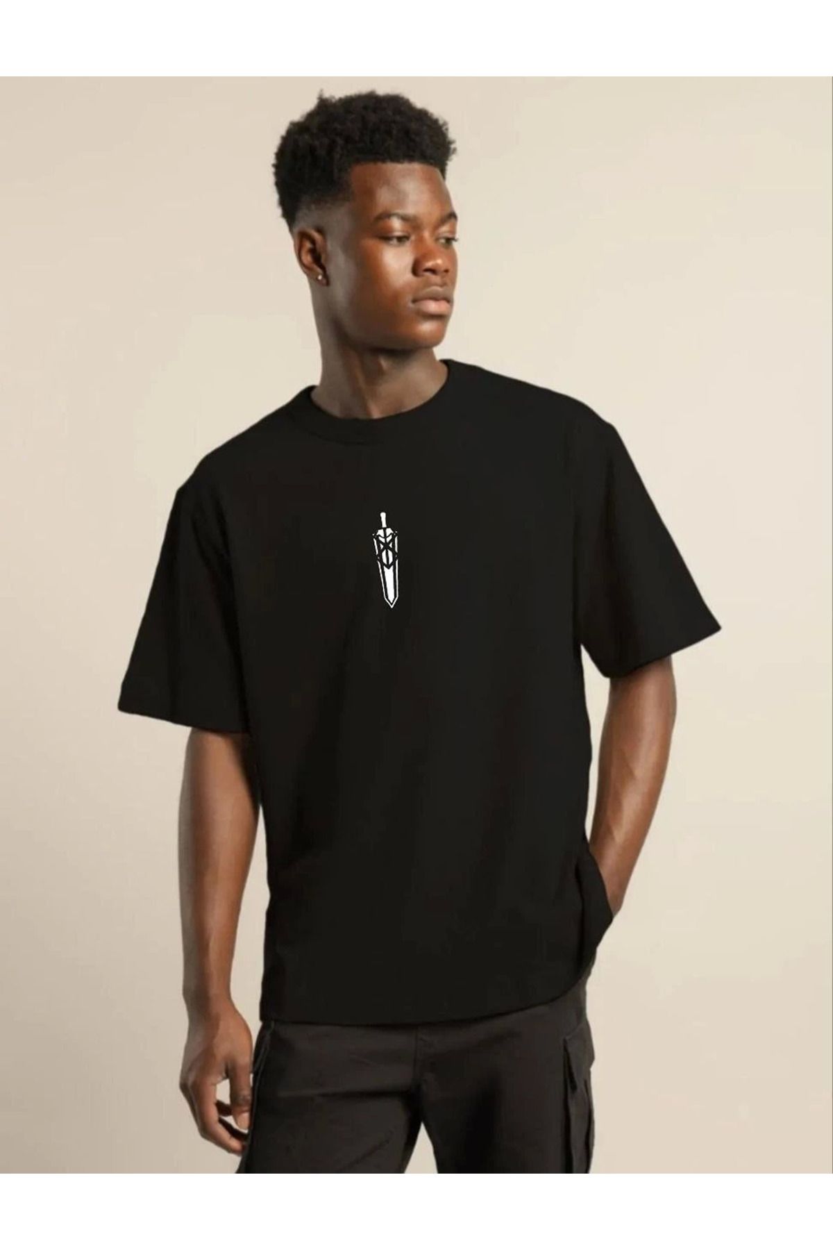 fashok Unisex Bisiklet Yaka Baskılı Oversize T-Shirt - Siyah