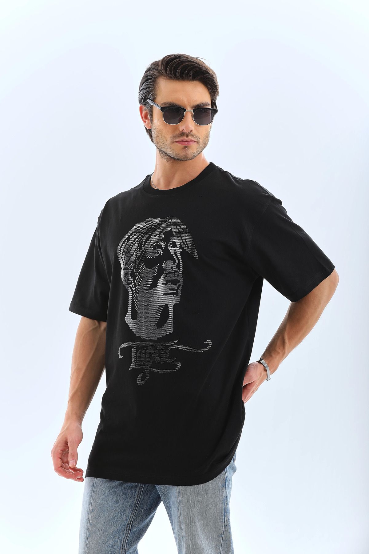 fashok Unisex Oversize Taşlı Bisiklet Yaka T-Shirt - Siyah