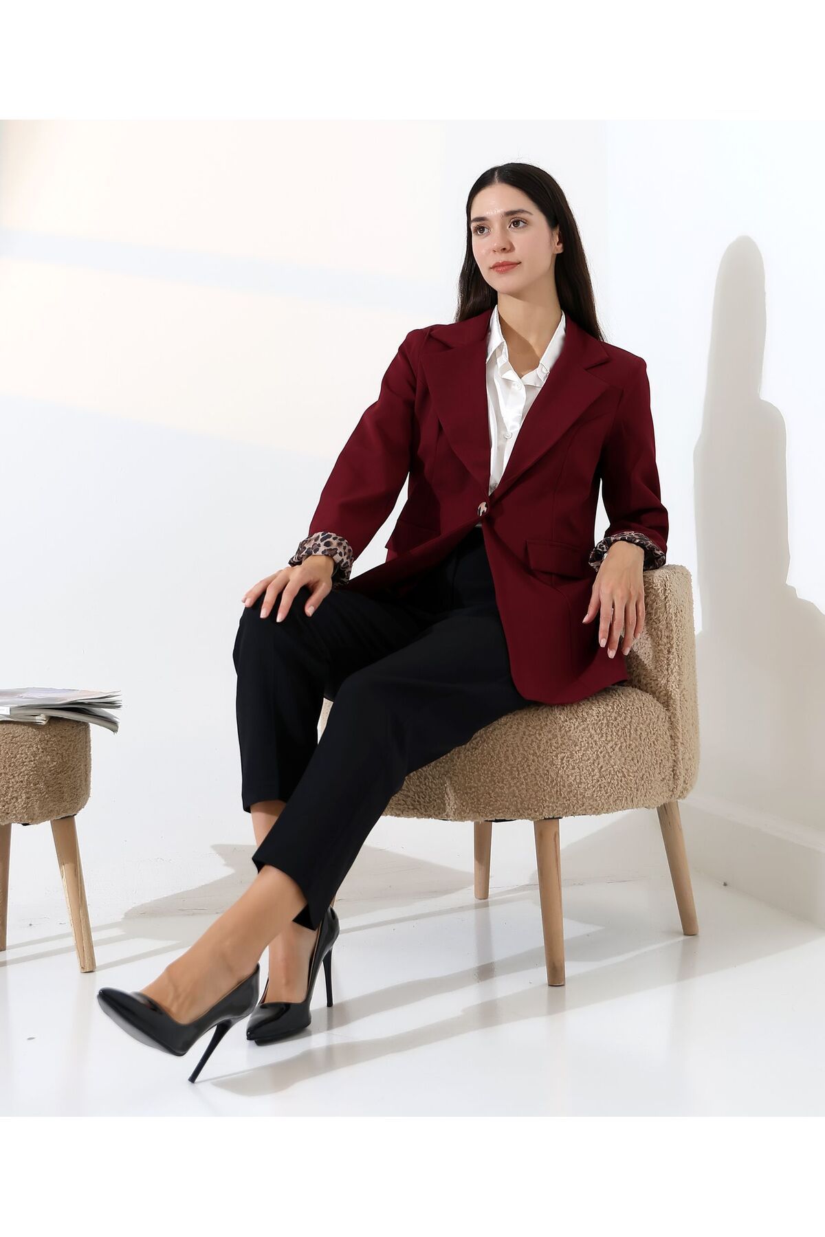 diaves Kadın Bordo Katlanabilir Kol,Astarı leopar desenli Atlas Dokuma Kumaş Kruvaze Blazer Ceket