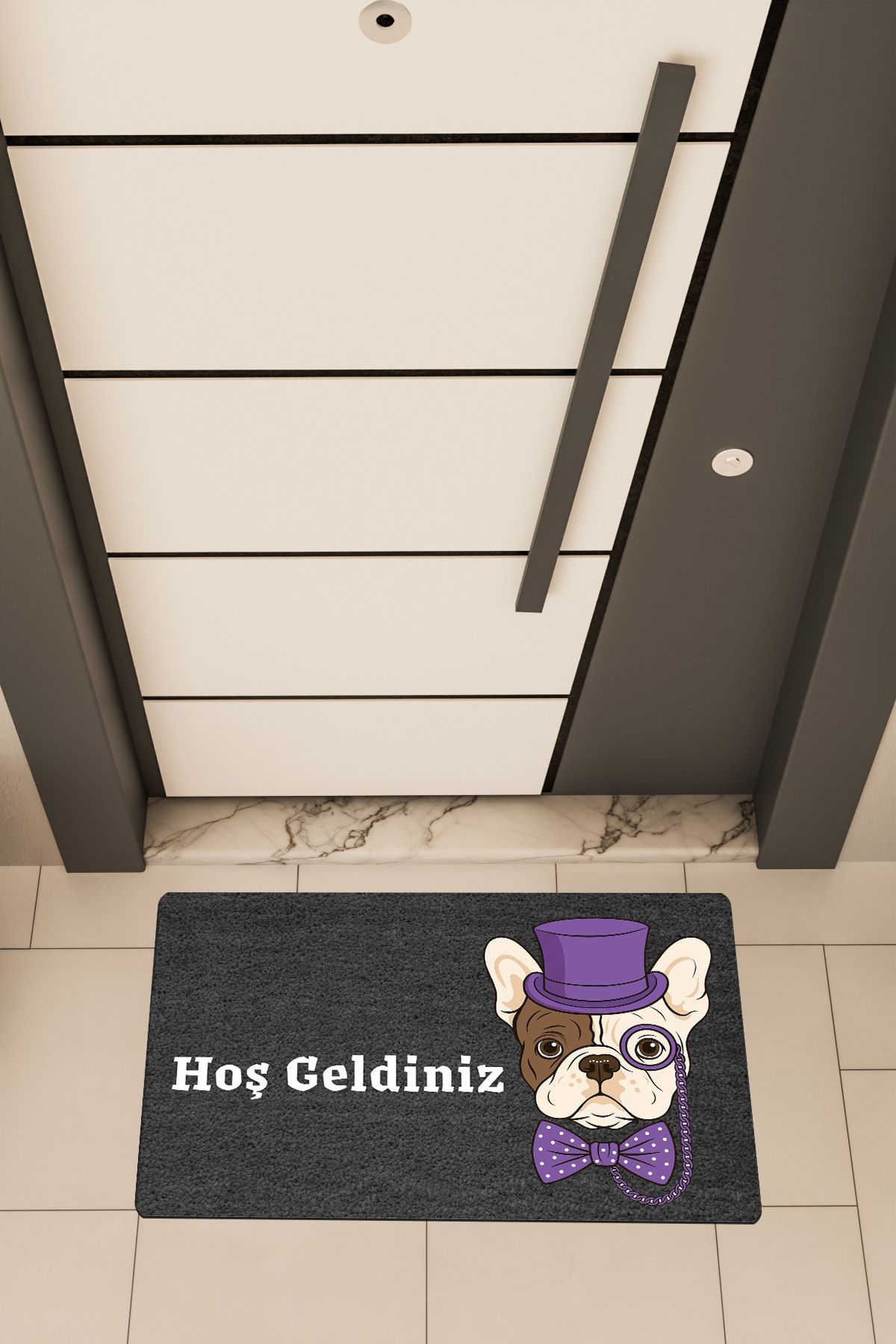 Dormot Home Yüksek Kaliteli Dijital Baskı Siyah, Mor Renkli Entel Pug temalı Kapı Önü Paspası