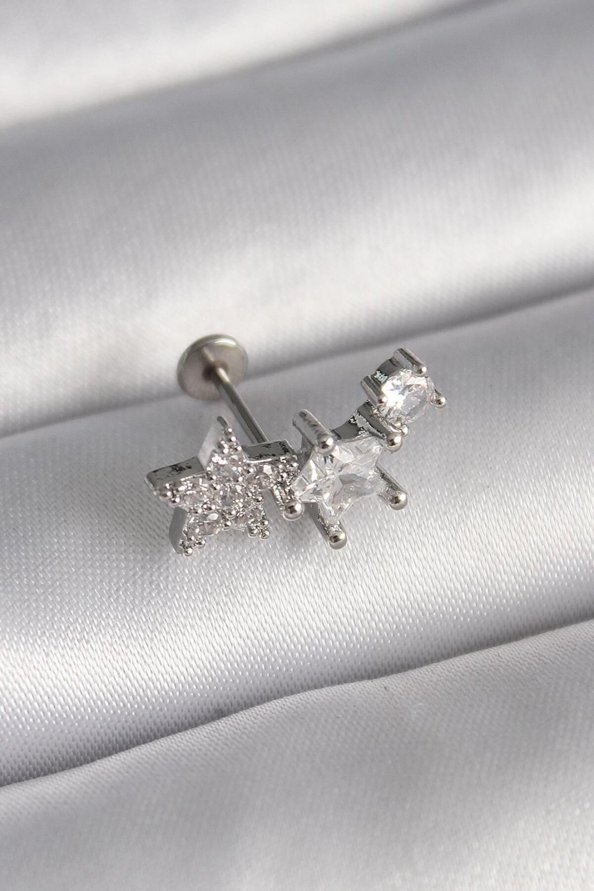 AfraBeauty 316L Çelik Gümüş Renk Zirkon Taşlı Yıldız Model Tragus Piercing
