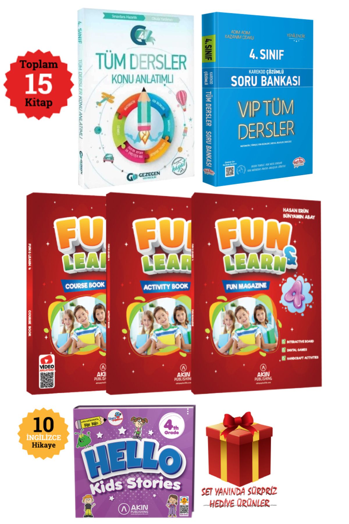 Gezegen Yayıncılık 4. Sınıf Tüm Dersler Konu Anlatımı+Soru Bankası+ Fun Learn İngilizce Seti+ Hello Kids Stories+Hediye