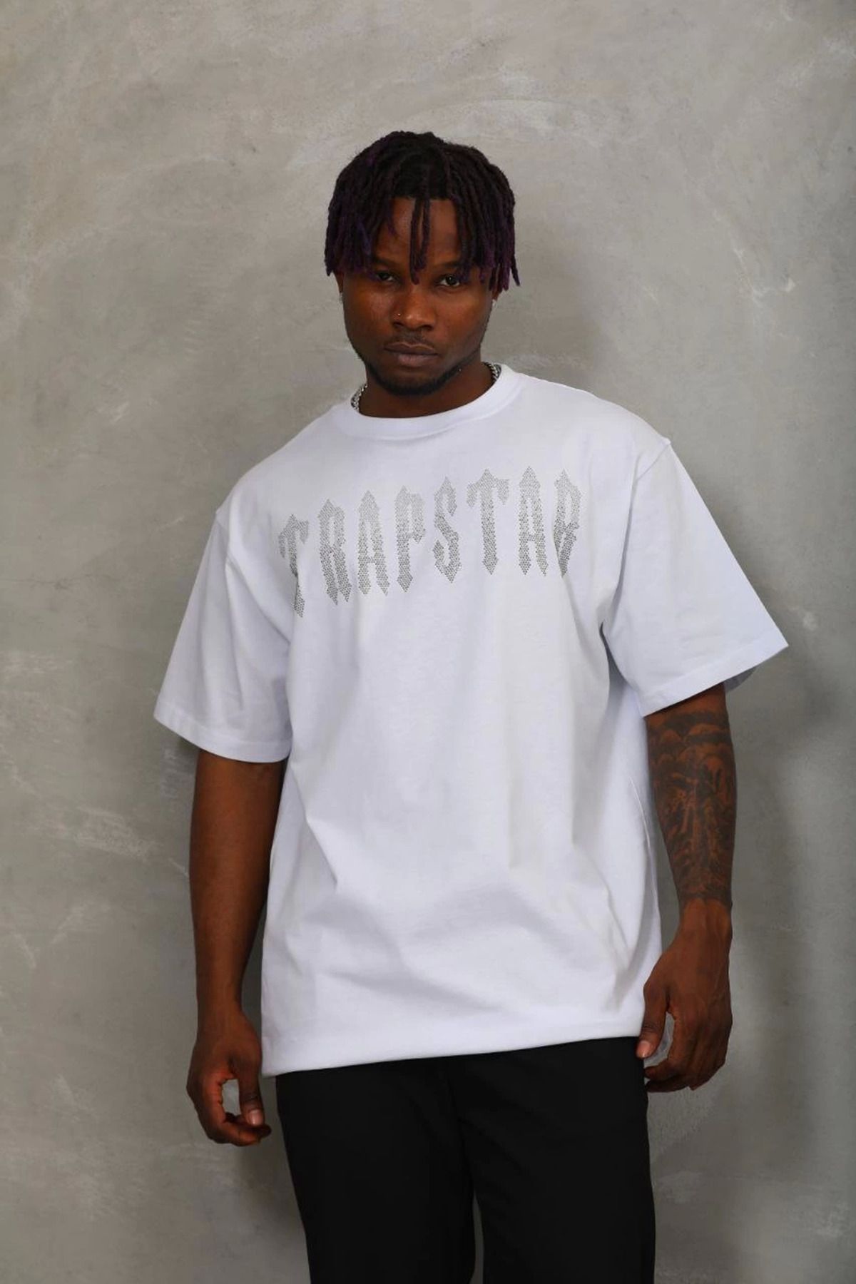 fashok Unisex Oversize Taşlı Bisiklet Yaka T-Shirt - Beyaz