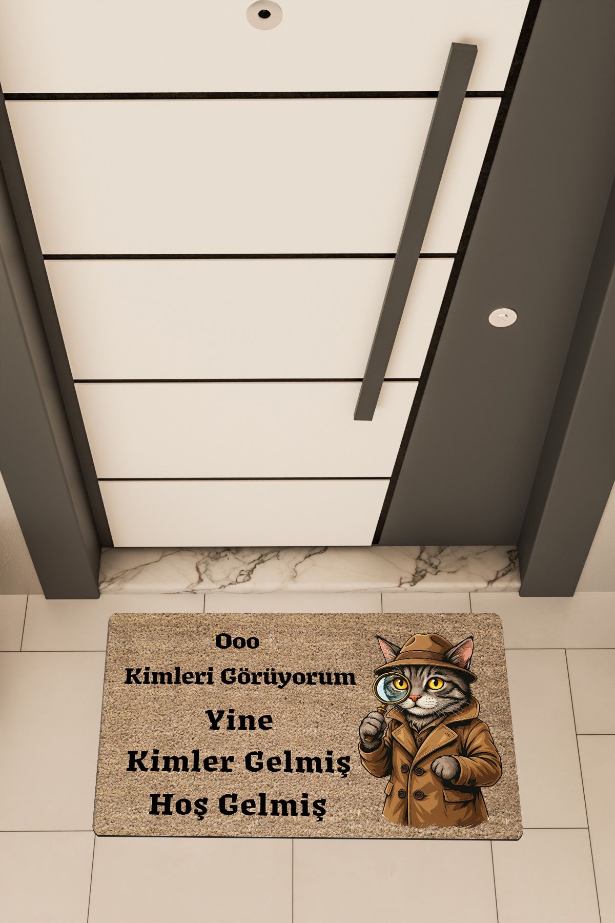 Dormot Home Yüksek Kaliteli Dijital Baskı Kahverengi, Dedektif Kedi temalı Kapı Önü Paspası