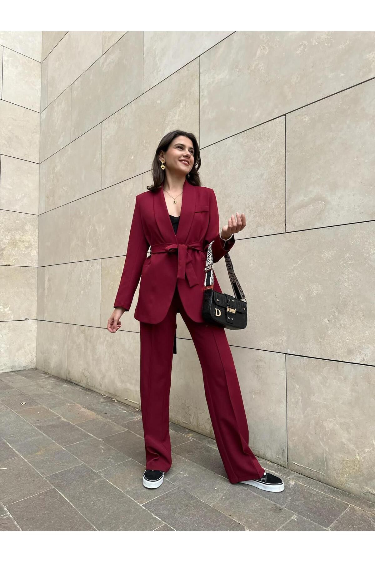 EFSUN MODA KADIN KUŞAKLI BLAZER CEKET PANTOLON TAKIM ASTARLİ