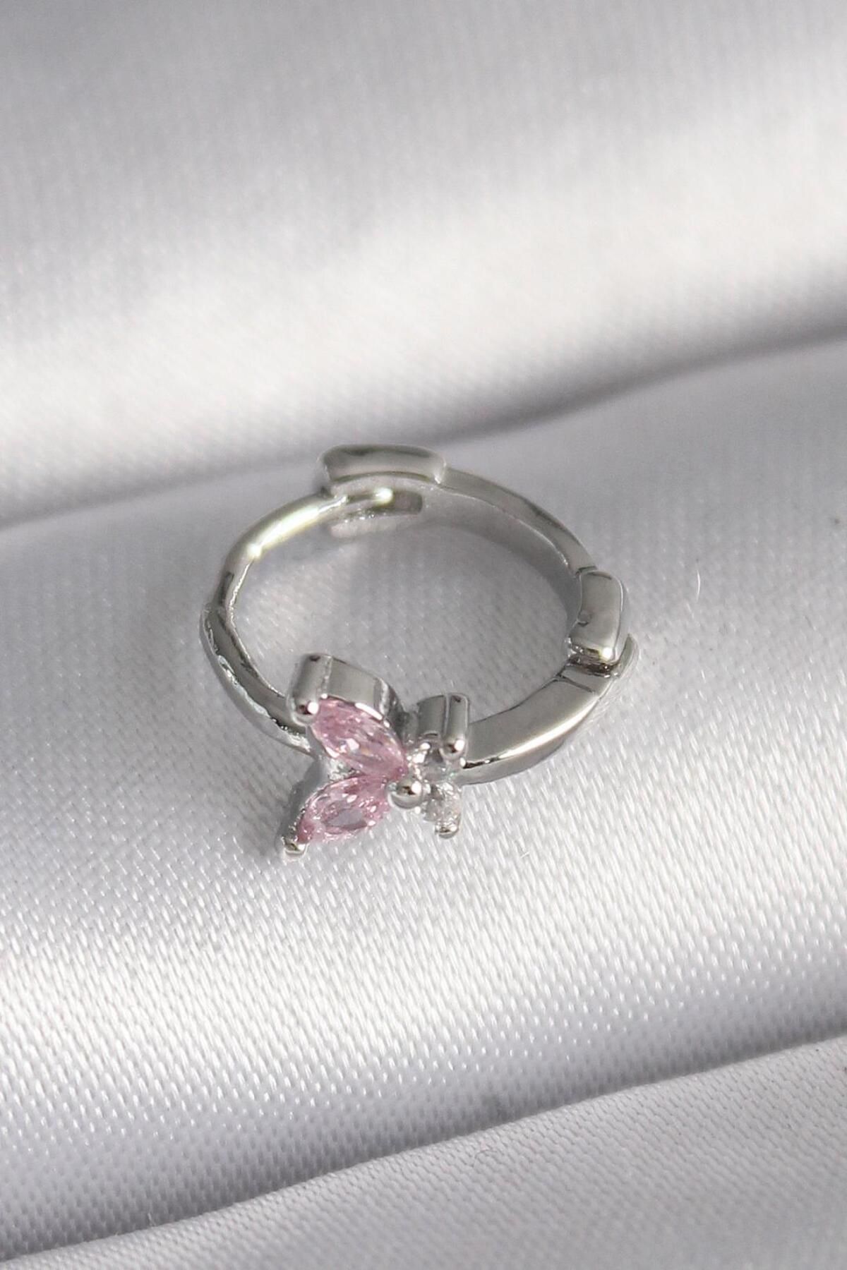 AfraBeauty 316L Çelik Gümüş Renk Pembe Zirkon Taşlı Kelebek Model Tragus Piercing