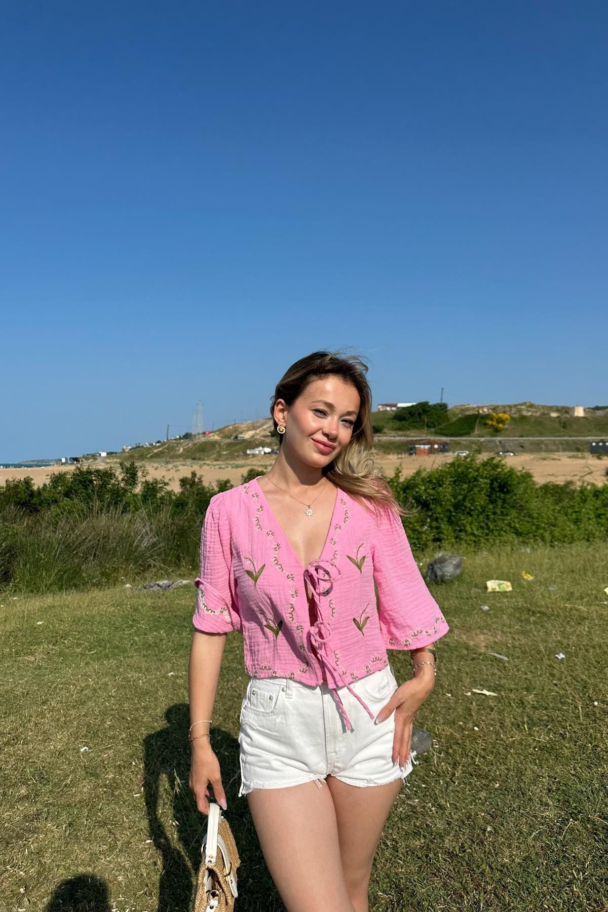mylove Müslin Kumaş Nakışlı Bluz Pembe