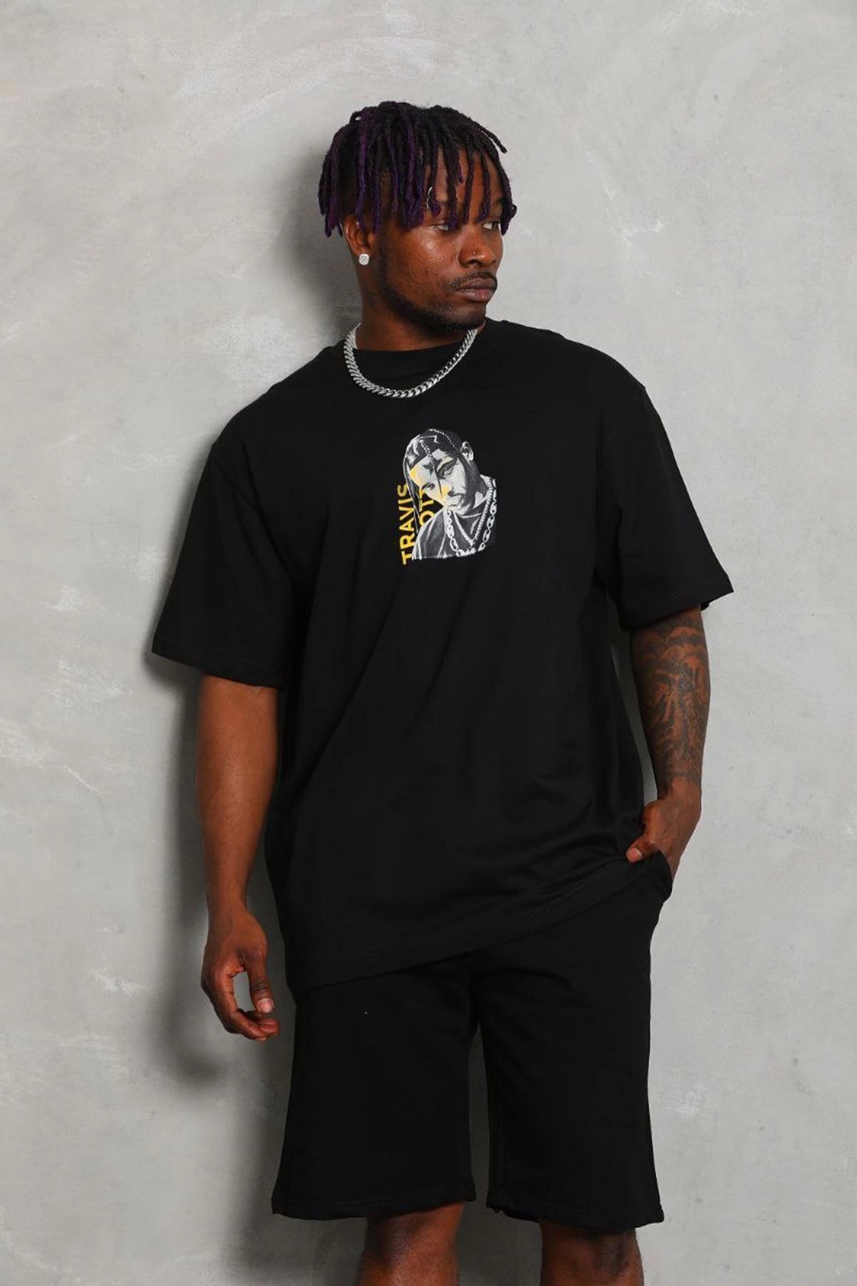 fashok Unisex Oversize Baskılı Bisiklet Yaka T-Shirt - Siyah