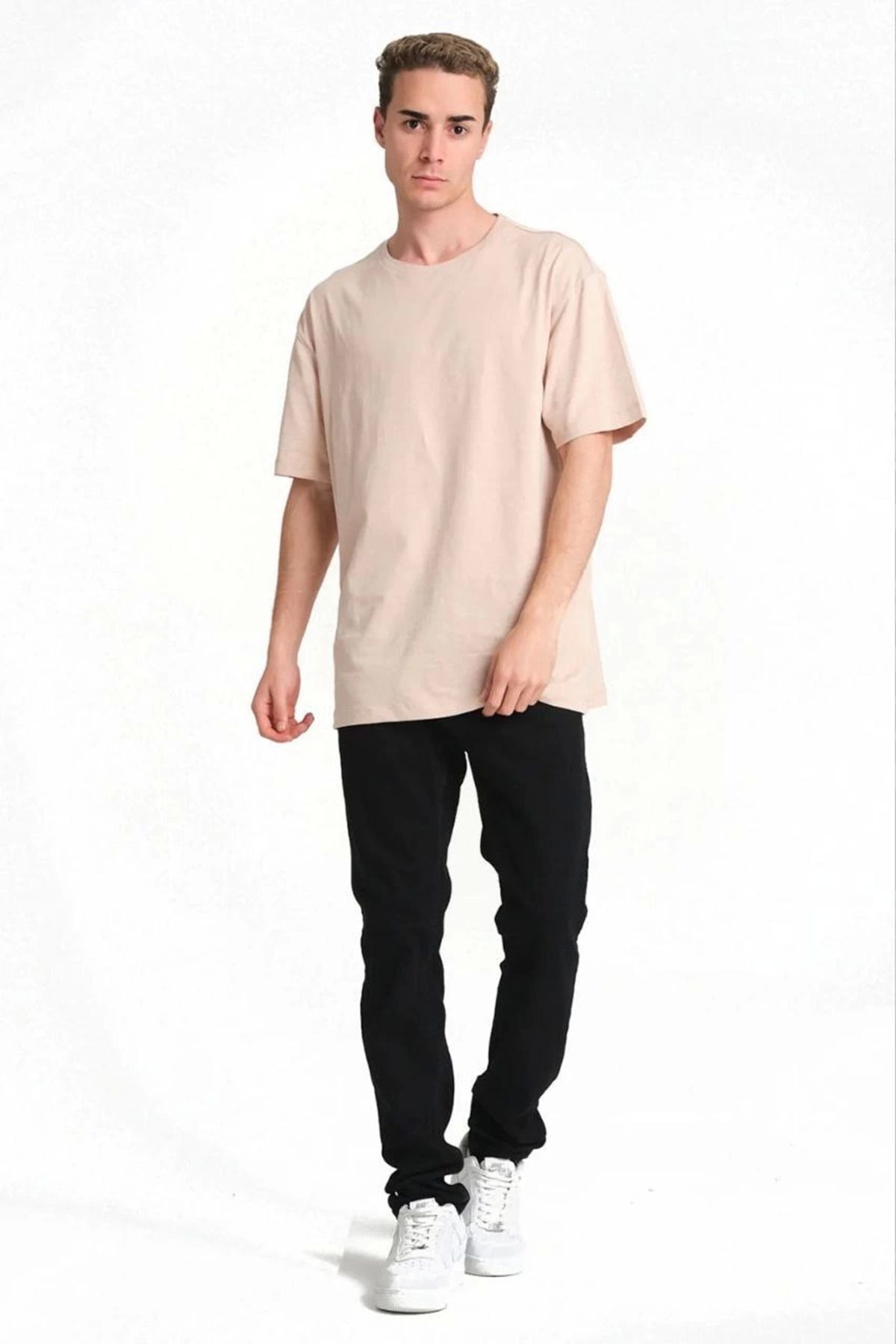 fashok Erkek 24/1 Düz A Kalite Oversize T-shirt - Bej