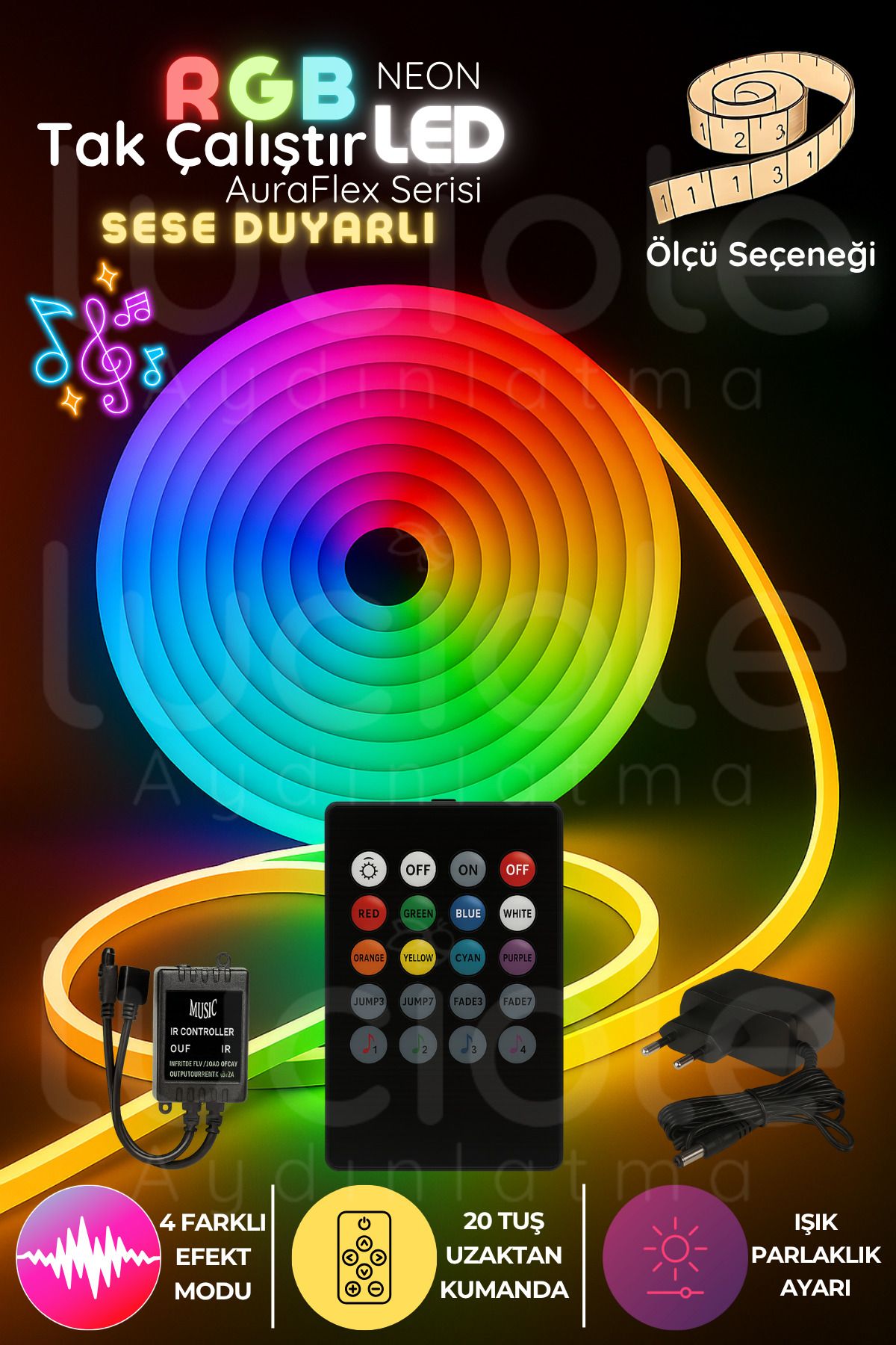 luciole 5 Metre RGB Neon LED Şerit | AuraFlex Serisi | Sese Duyarlı Tak-Çalıştır Kumandalı Işık