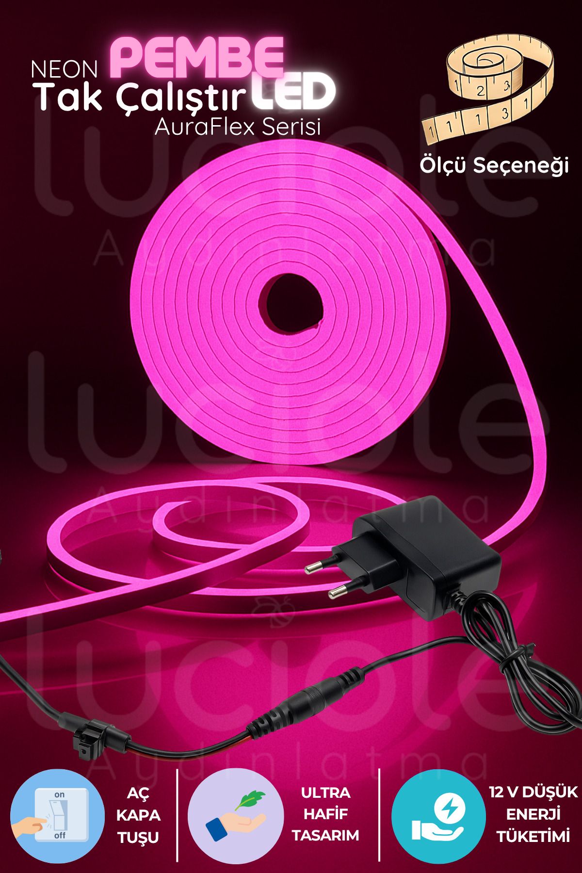 luciole 4 Metre Neon Pembe LED Şerit | AuraFlex | Aç-Kapa Anahtarlı Prizli Dekoratif Işık