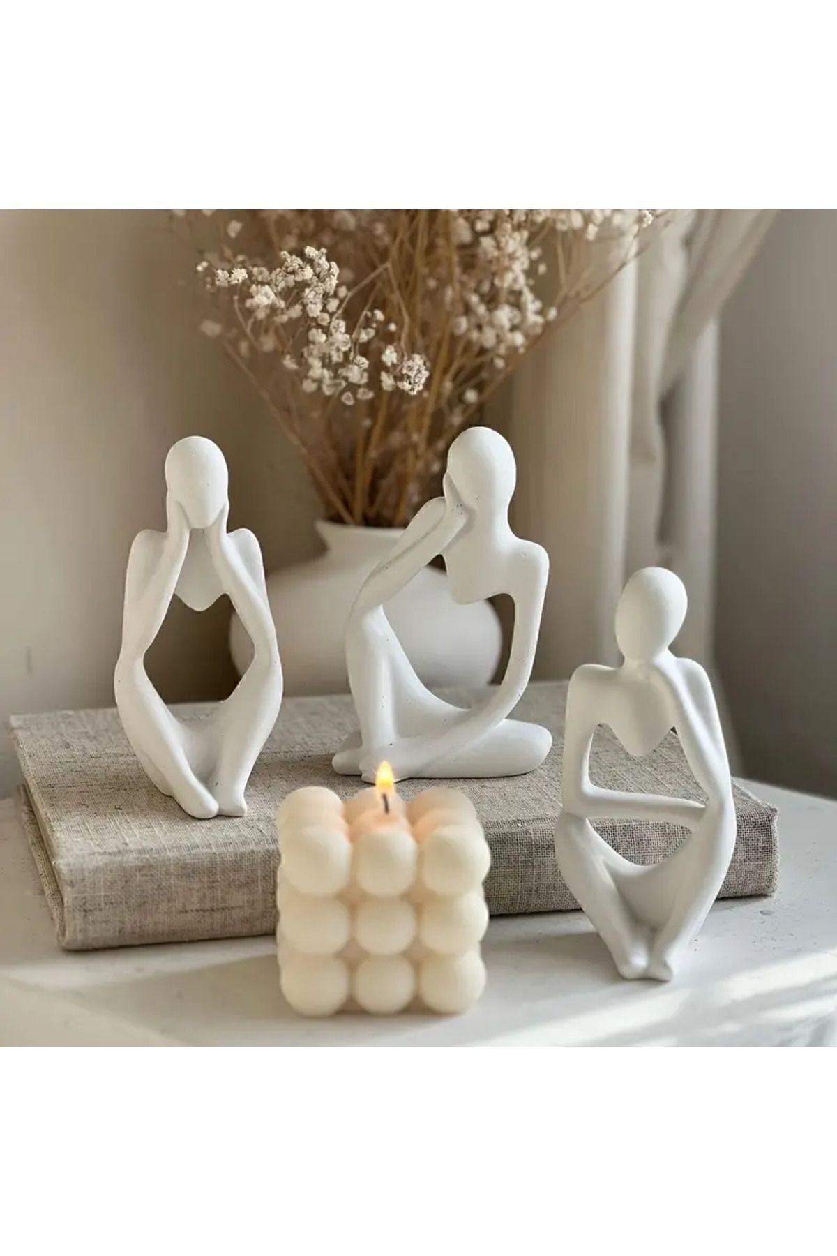 DEKORANLA Beyaz 3'lü soyut heykel seti, modern dekor aksesuarları