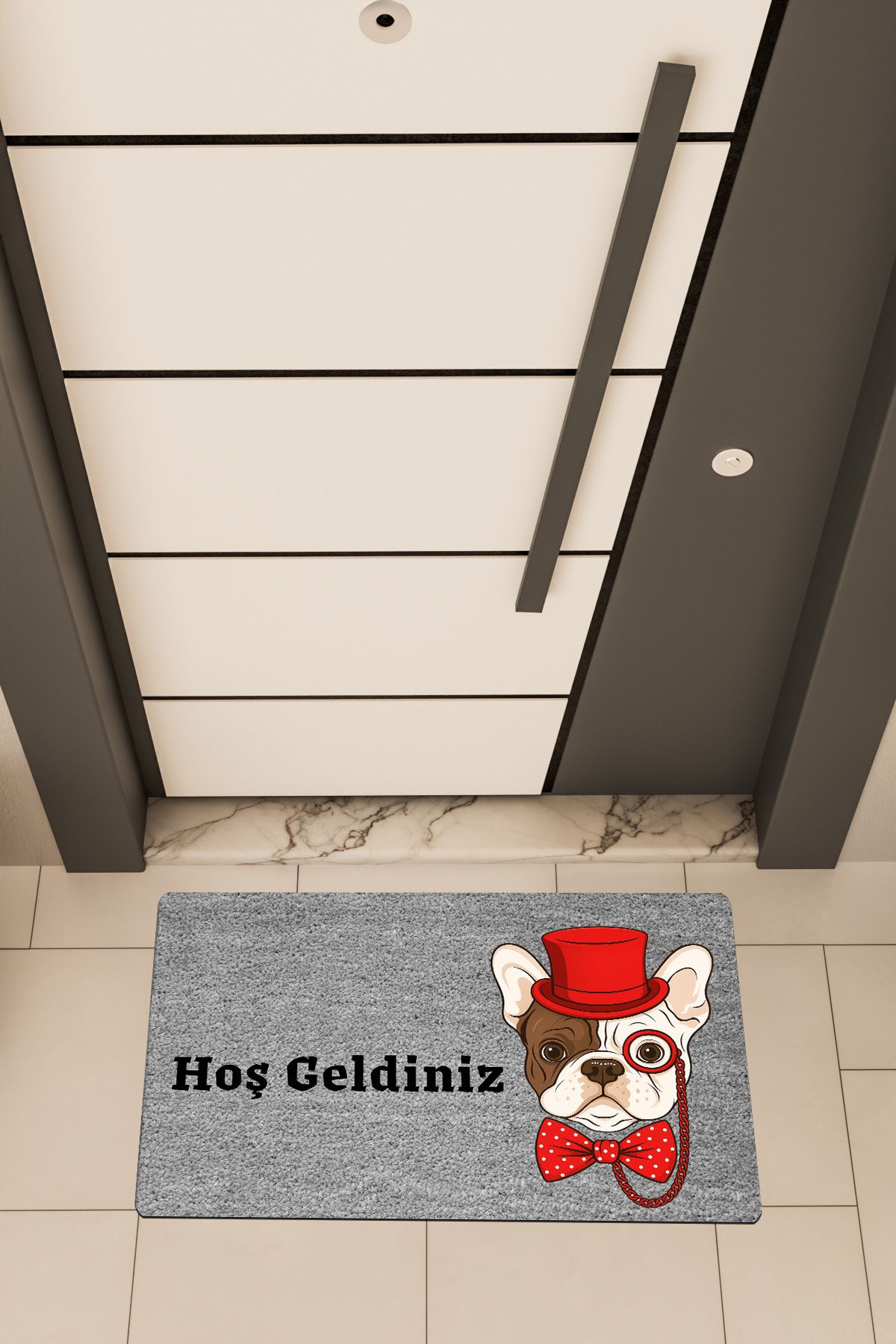 Dormot Home Yüksek Kaliteli Dijital Baskı Gri, Kırmızı Renkli Entel Pug temalı Kapı Önü Paspası