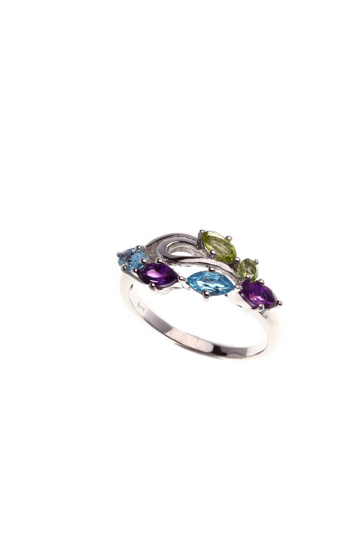 GÜMÜŞ DÜNYASI 925 AYAR Gümüş Rodyum Kaplamalı Ametist,Aqua ve Peridot Renkli Taşlı Kadın YÜZÜK