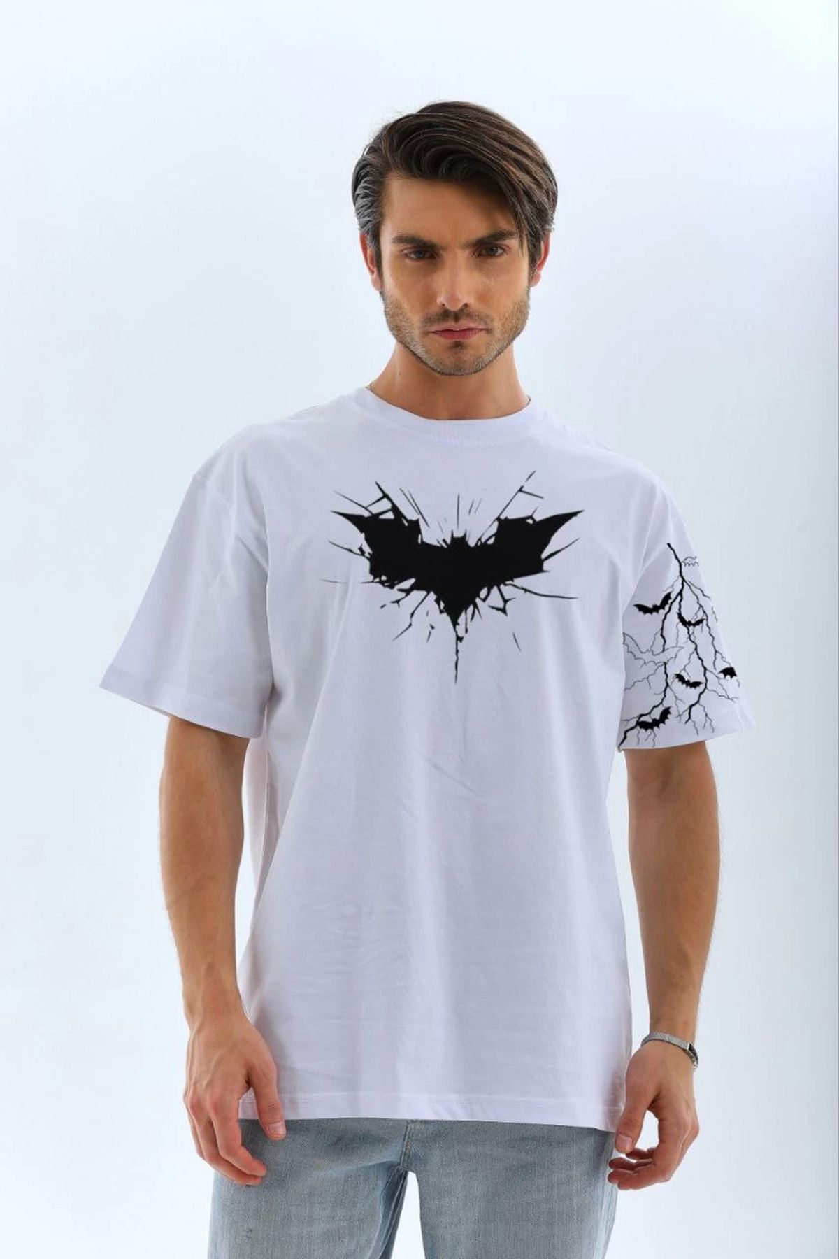 fashok Unisex Ön ve Kol Baskılı Oversize T-shirt - Beyaz